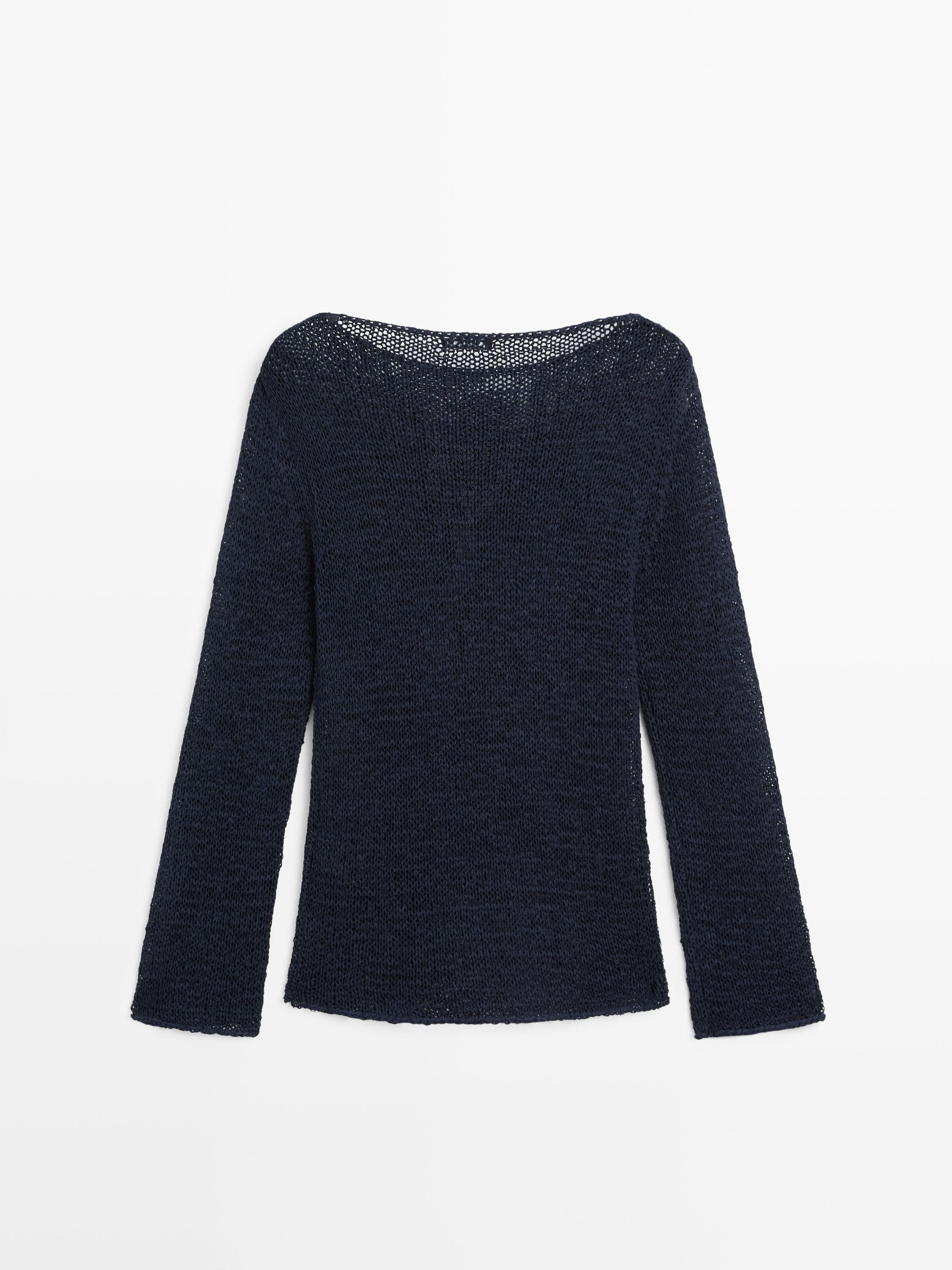 Cotton blend knit boat neck sweater